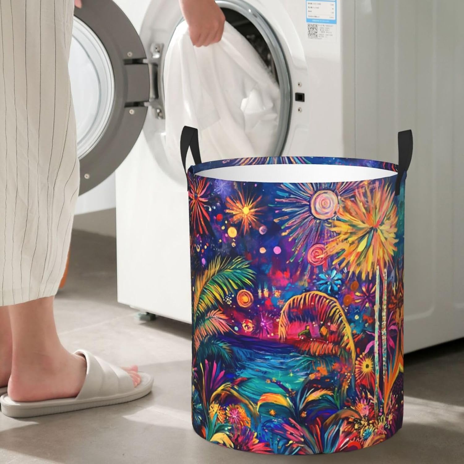 Colorful fireworks Round Single-layer Laundry Basket, Portable Storage Laundry Basket, Bedroom Clothes Storage Basket with Handle