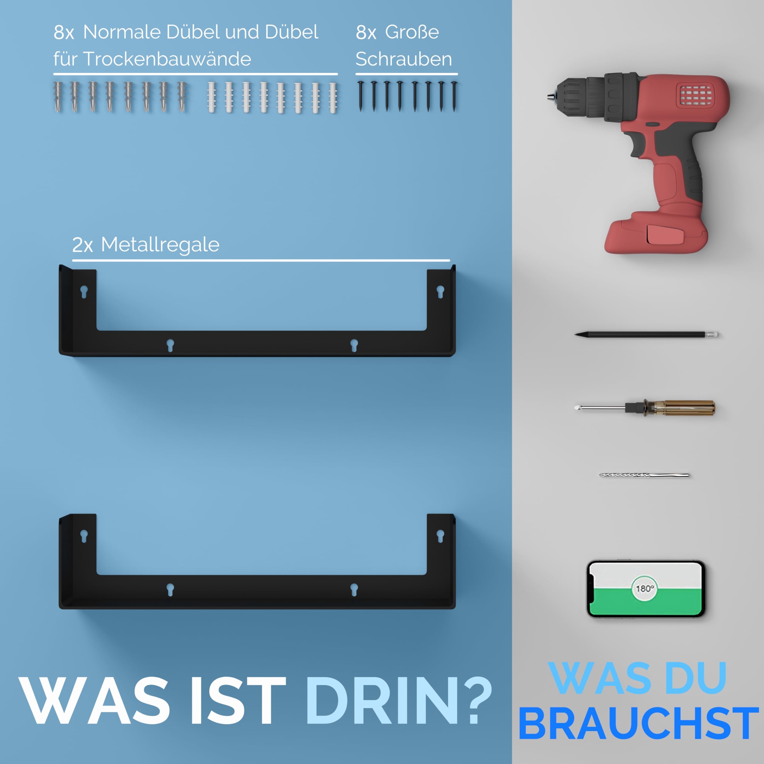 CASSA KIVO Wandmontierte U-förmige schwimmende Bücherregale aus Metall für die Wand, 2er-Set, 43 cm x 20 cm Regal, Bücherregal für Schlafzimmer, Wohnzimmer, Büro, Badezimmer, Küche, modern (schwarz)