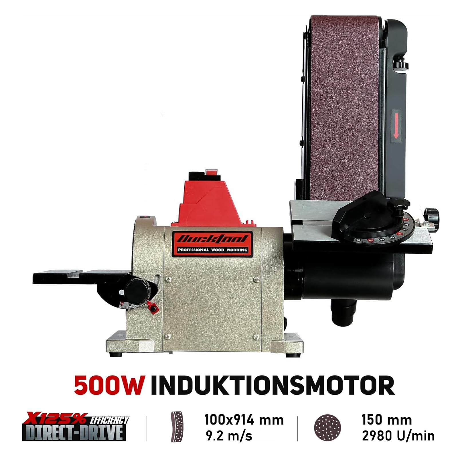 BUCKTOOL 500W Band-Tellerschleifer mit Zubehör | Bandschleifmaschine mit Schleifbandgeschw 9.2 m/s, Schleifteller Drehzahl 2980 U/min