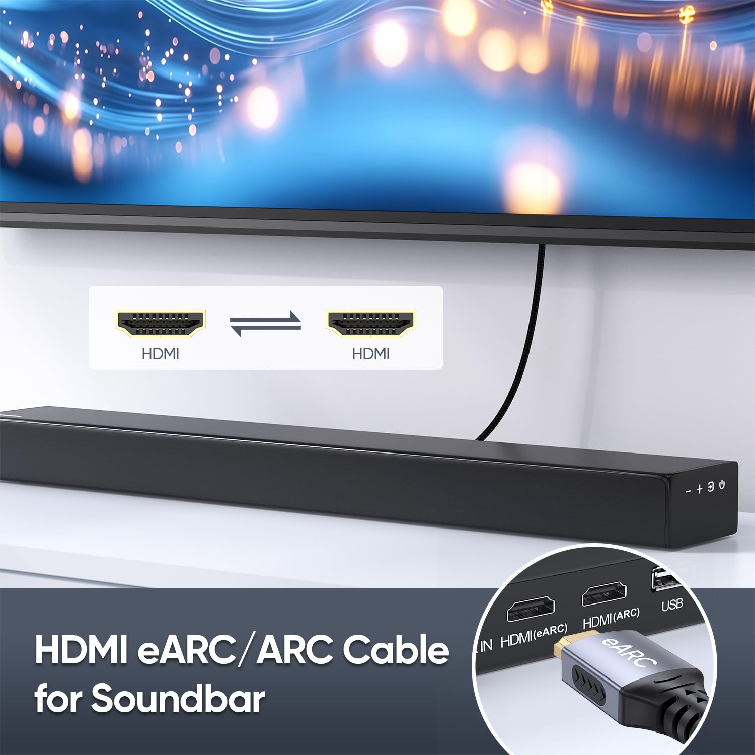 Cable HDMI ARC/eARC 8K para barra de sonido de 2 m, HDMI 2.1 de alta velocidad 48Gbps, cable trenzado 8K @60Hz 4K a 120Hz compatible con Dolby Atmos/DTS:X, HDCP 2.3, HDR10 para TV, PS5, Vizio/Sono
