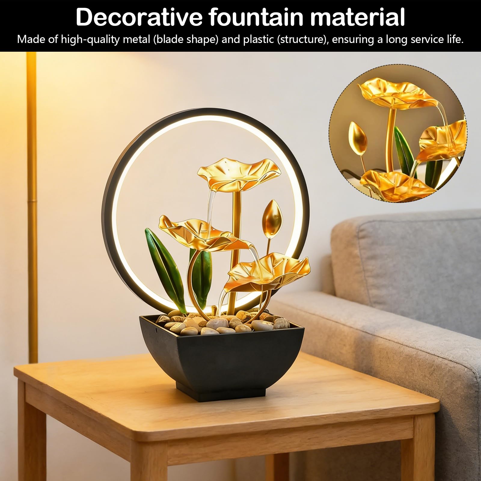 Fontaine d'intérieur, cascade, de table, avec éclairage LED, décoration moderne zen avec pompe silencieuse, 3 niveaux, mini cascade, petite pour maison, bureau, salon, jardin