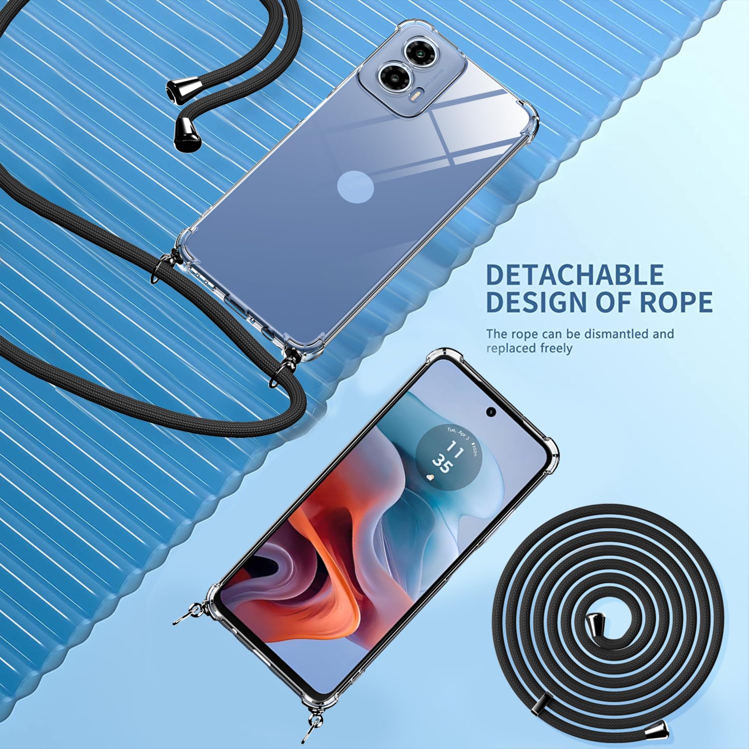 YAMCCCSE Coque Pour Motorola Moto G24 Avec Cordon De Collier, Cover Transparente Silicone TPU Bumper Etui Housse Avec Cordon Réglable Téléphone Lanyard Case Collier – Noir