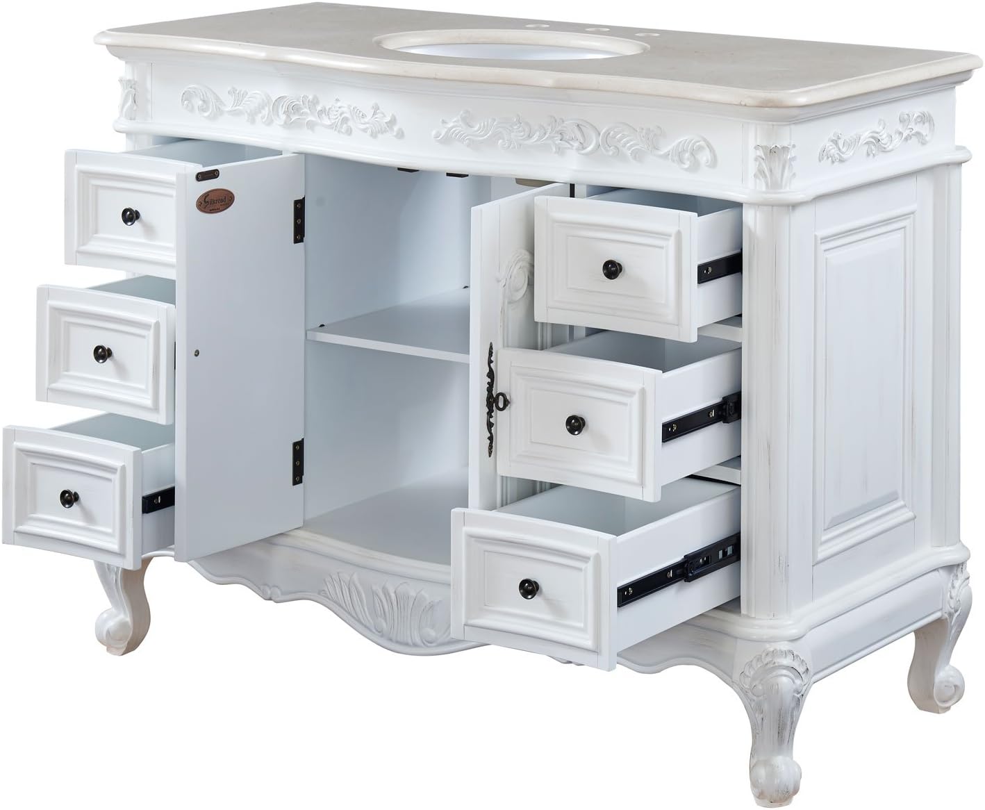 Silkroad Exclusive HYP-0152-CM-UWC-48 Countertop Marble Single Sink Bathroom Vanity with White Oak Finish Cabinet, 48", White