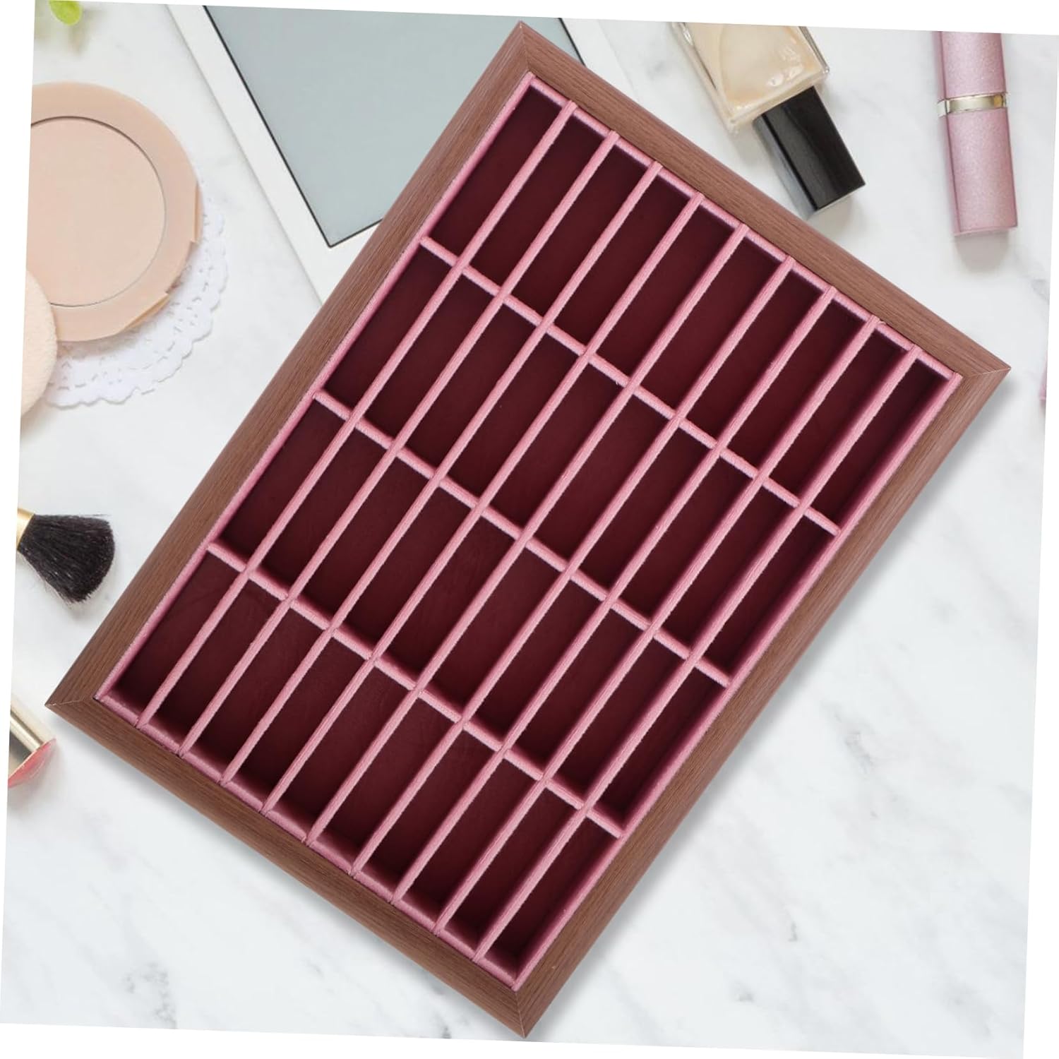 Wood Jewelry Tray Slots Elegant Jewelry Display Organizer for Bracelets Earrings and Necklaces Stylish Walnut Finish for Home Retail Use