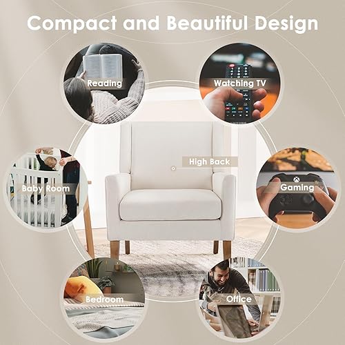 Miniatura 8 de COLAMY Silla moderna de ala para sala de estar, sillón tapizado de tela, sofá individual con asiento de salón y patas de madera para