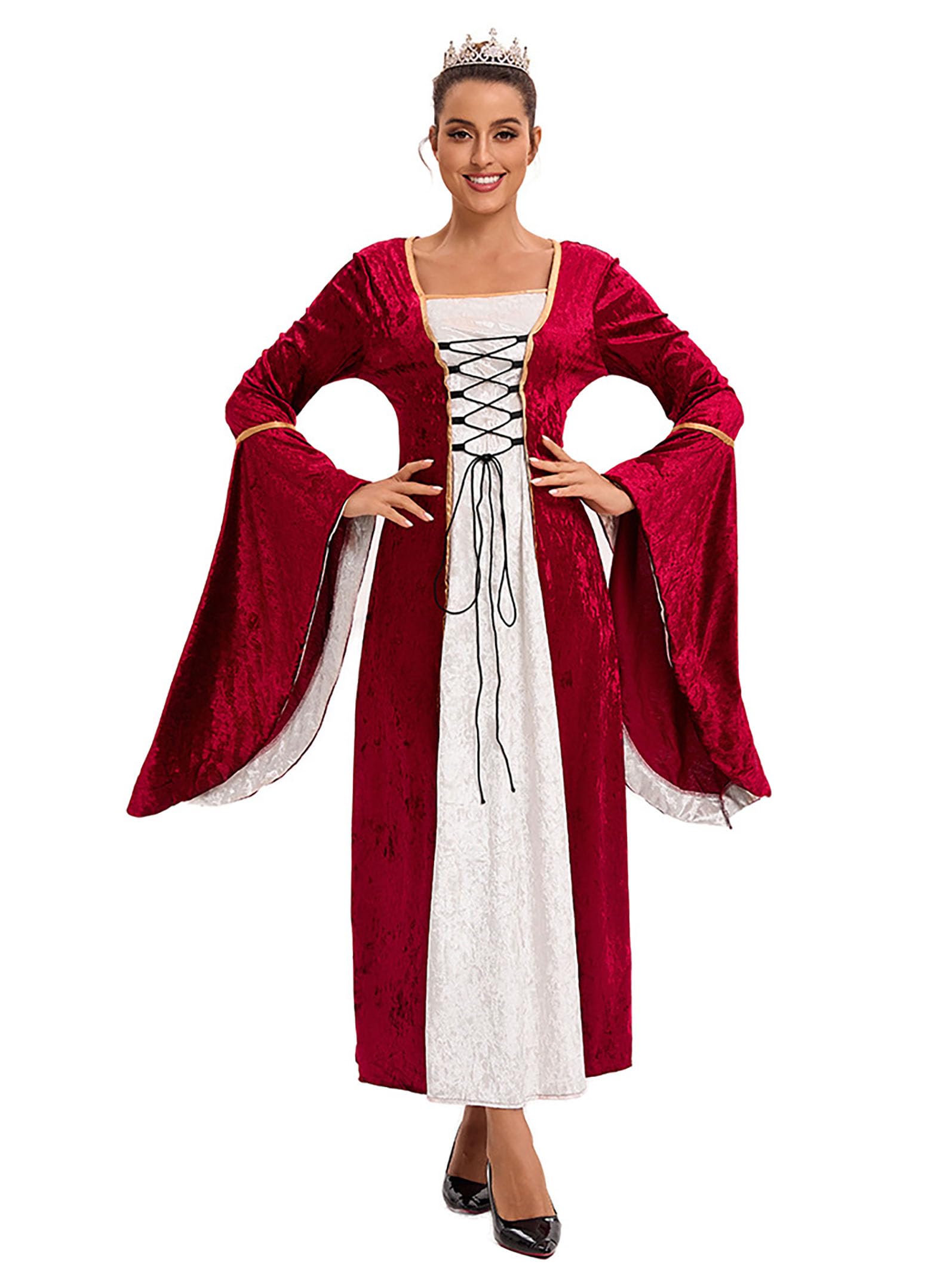 Robe en velours rétro médiévale pour femme avec manches trompettes Styles victorien, Renaissance, pour fête, Halloween, carnaval, gothique