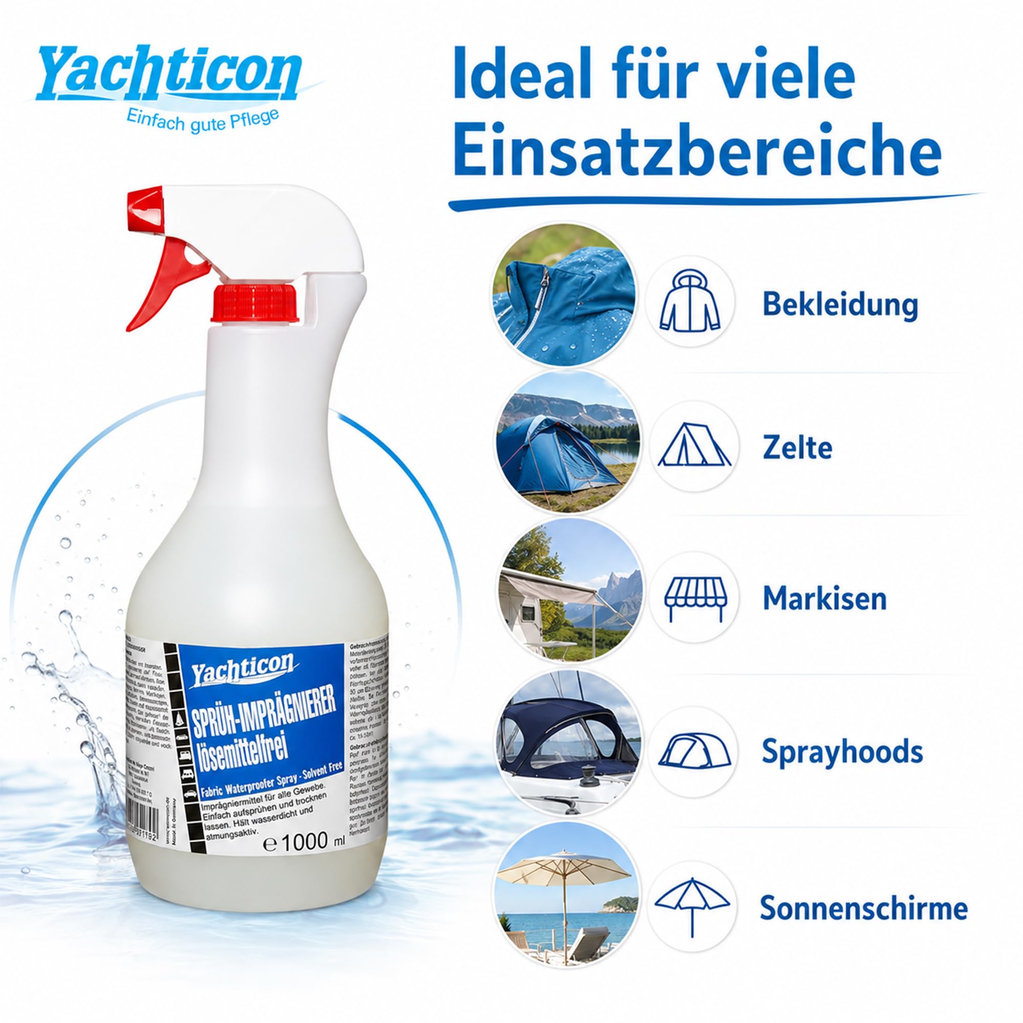 YACHTICON Sprüh-Imprägnierer lösemittelfrei 1000 ml - Schutz vor Wasser, Flecken und Schimmel für Synthetik- und Naturmaterialien