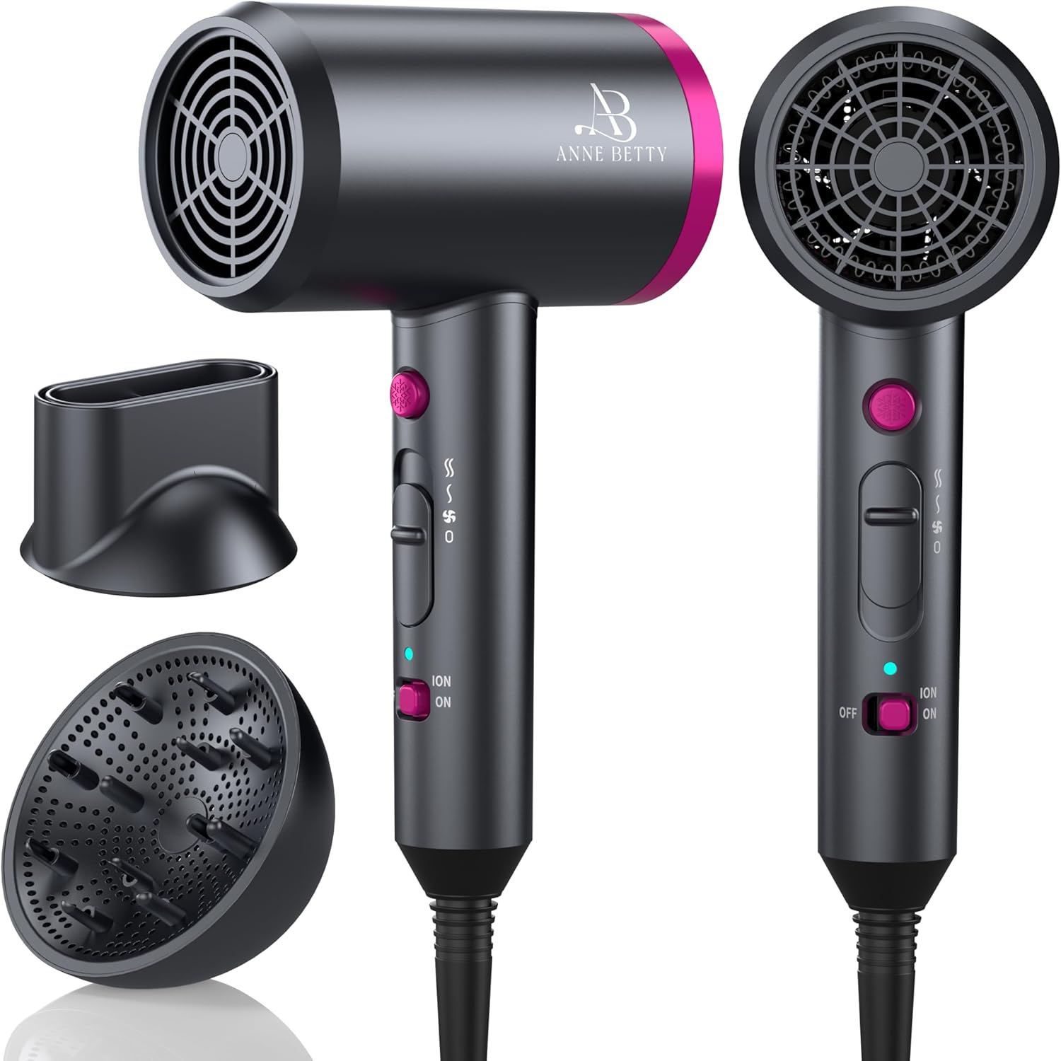 Hair Dryer with Diffuser for Curly Hair, 1800W Ionic Blow Dryer for Women & Men, Fast-Drying, Lightweight, Low Noise, Hair Care Styling Tool for Home, Travel