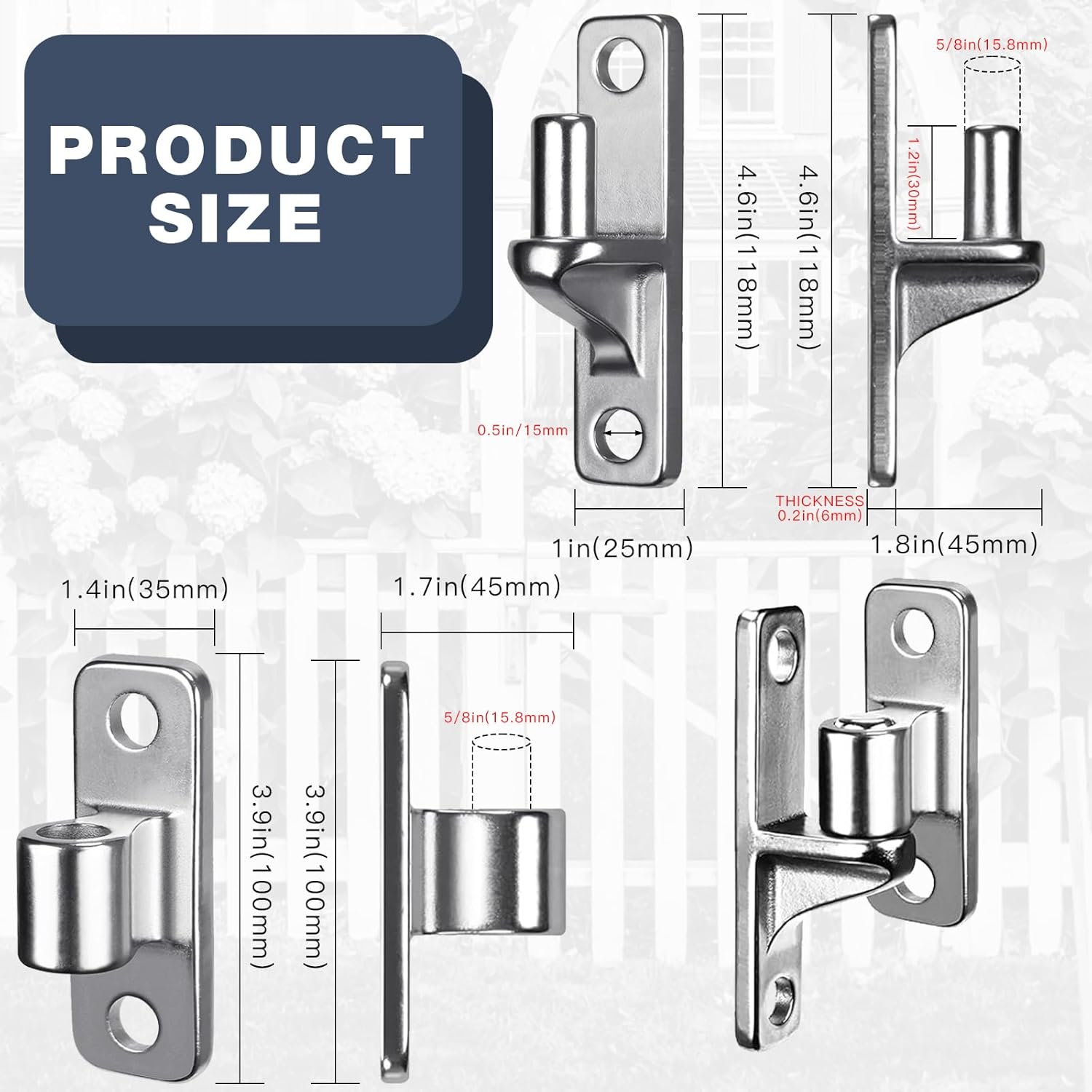4 Pack Heavy Duty Farm Gate Hinges, 304 Stainless Steel Wall Mount Outdoor Fence Hinge Set with 5/8'' Pin, Rustproof Barn Door Gate Hardware for Wooden & Metal Gates, Load 600lbs