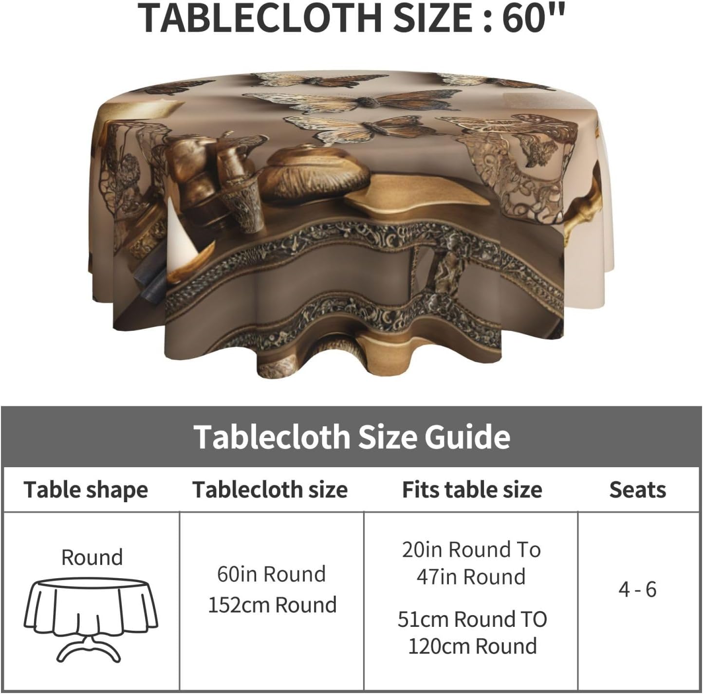 Butterfly Decor 03 Print Wrinkle Free Dining Table Cover for Birthday Party Farmhouse Tablecloths Up to 60 x 60 Inches