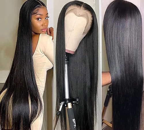 daparo Pelucas de cabello humano lacio de 28 pulgadas con encaje frontal, prearrancado, densidad del 180 %, sin pegamento, 13 x 4 HD, pelucas de