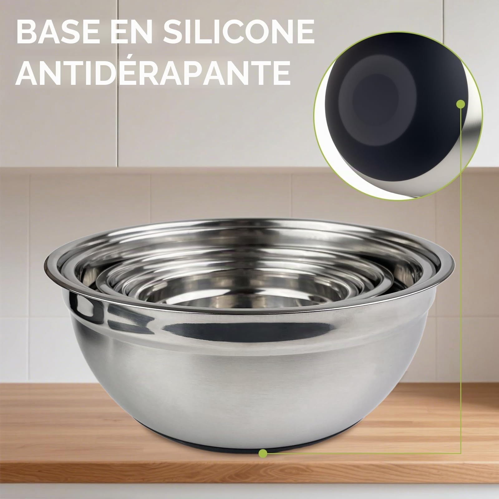 Lot de 5 Cul de Poule Inox avec Couvercle, 1L, 1.5L, 2L, 3L, 4.5L, Bowl de Mélange avec 3 Râpes, Saladier Empilables, AntidéRapant, Résistant, Lavable au Lave Vaisselle, pour Cuisine
