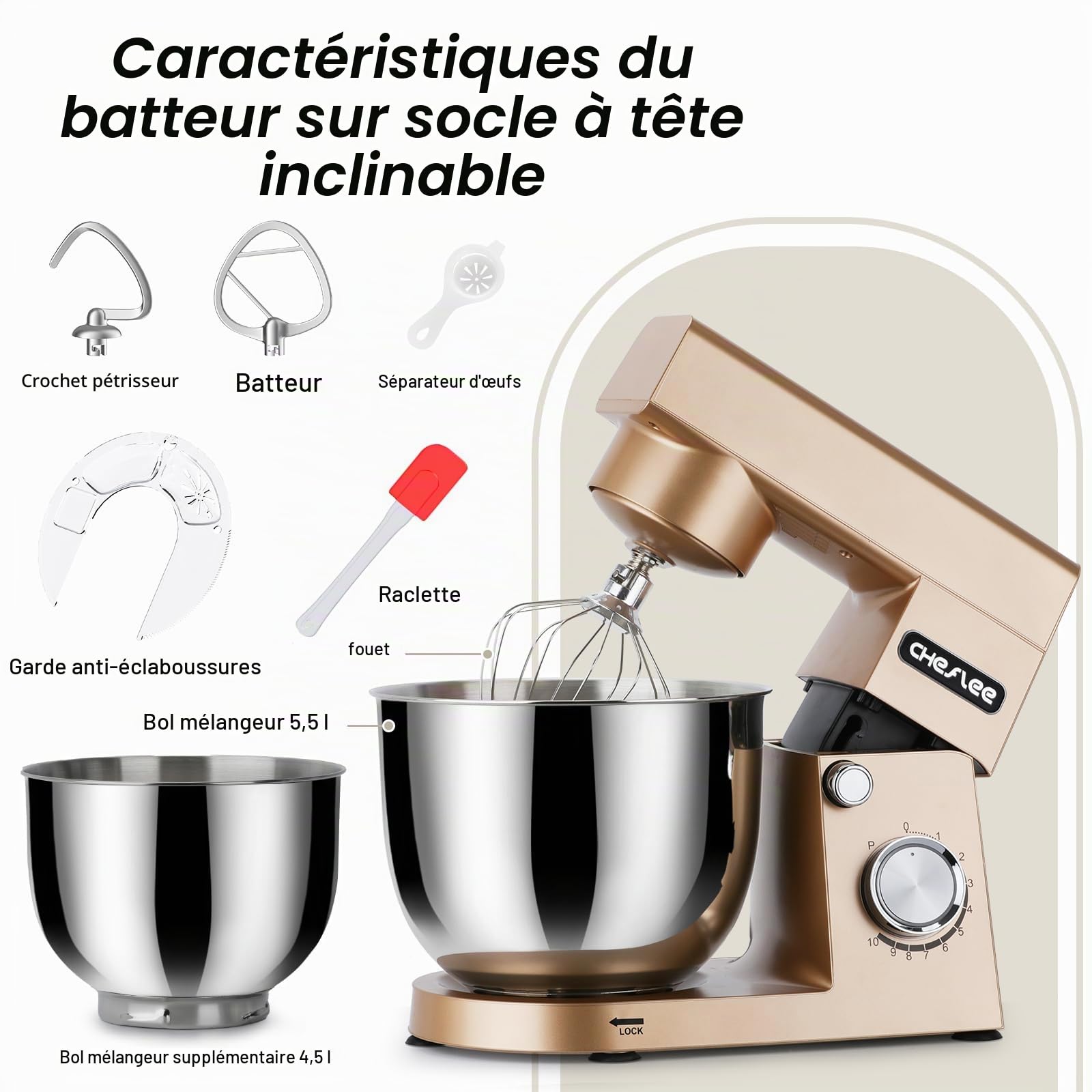 Robot Patissier CHeflee,1500 W Robot Pâtissier,avec Bol en Acier Inoxydable de 4,5 et 5,5 L,10+P Vitesse,avec Crochet Mélangeur, Crochet Pétrisseur,Fouet et Protection Anti-Eclaboussures (Dore）