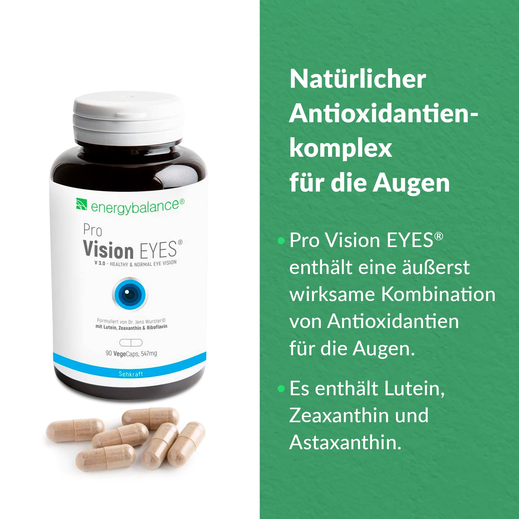 Pro Vision EYES - Augenvitamine Kapseln - Altersbedingte Makuladegeneration (AMD)- 90 VegeCaps à 547 mg mit Vitamin A, C, Zink, Riboflavin - von EnergyBalance - Qualität aus der Schweiz