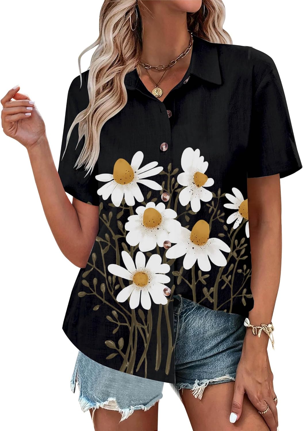 Short Sleeve Floral Tops for Women Summer Flower Printed V Neck Tshirts Button Down Tops Dressy Casual - Image 4