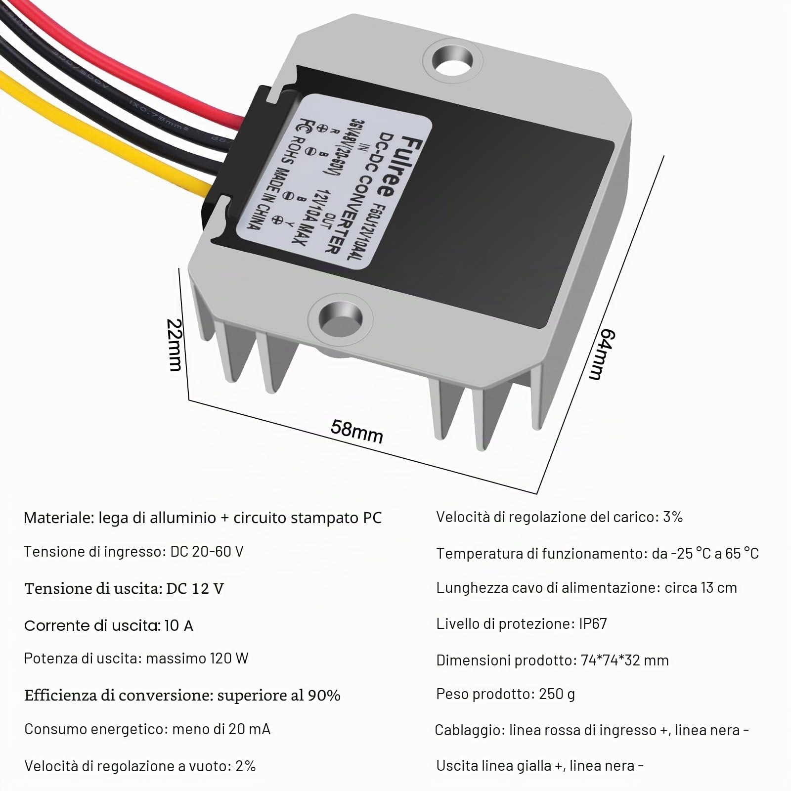 Convertitore di Tensione CC, Convertitore Step-down Modulo Stabilizzatore di Tensione Impermeabile da 20-60V a 12V 10A