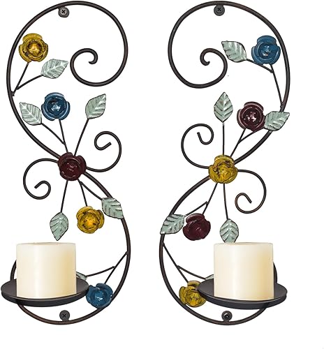 Miniatura 1 de Juego de 2 candelabros de pared, diseño de ramas de hojas multicolor antiguas, soporte de pared de metal para colgar velas para sala de estar,