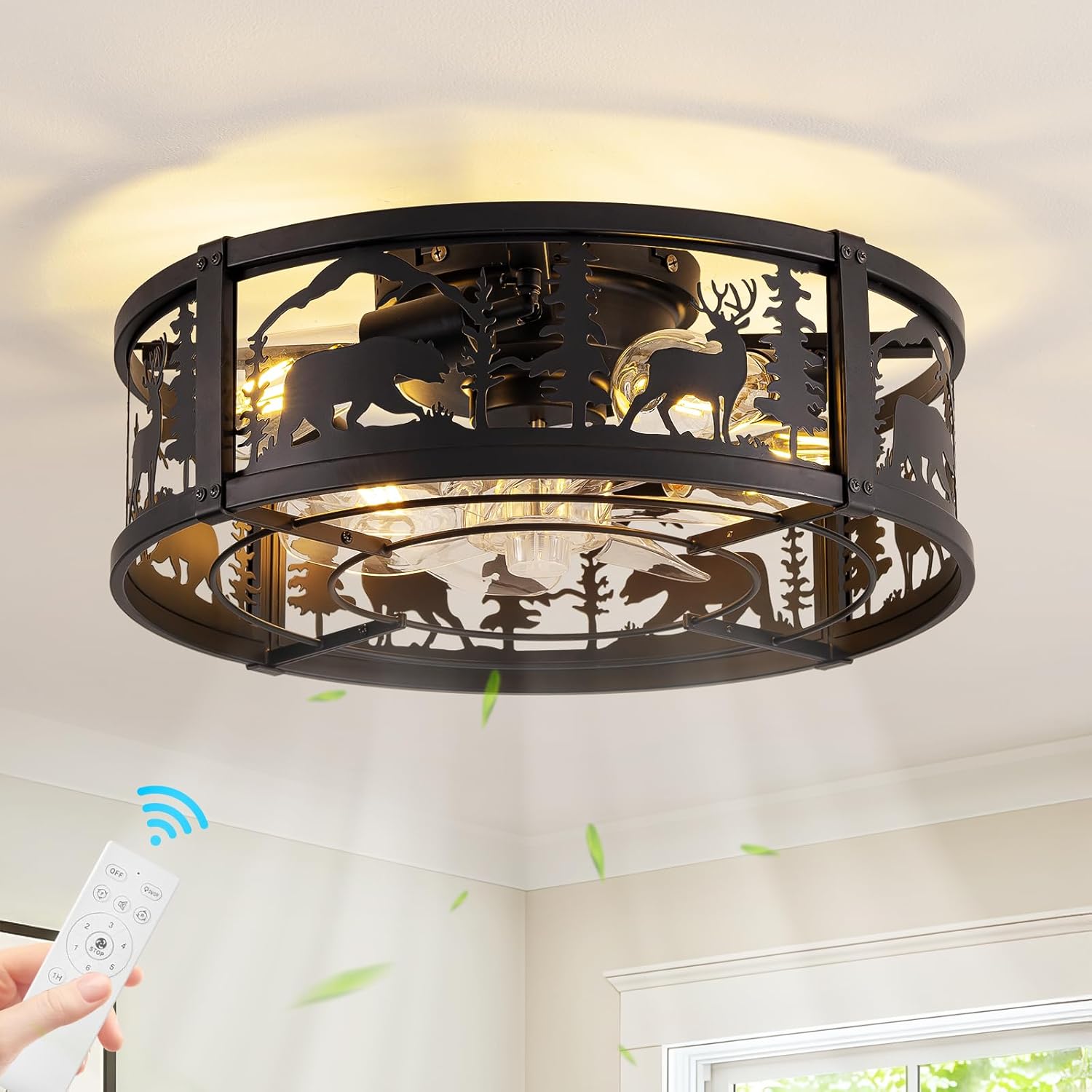 Farmhouse Rustic Caged Ceiling Fan with Light Flush Mount, Black Chandelier Low Profile Ceiling Fans with Lights and Remote, Bear and Deer Design Fandelier for Bedroom, Living Room, Kids Room, Cabin