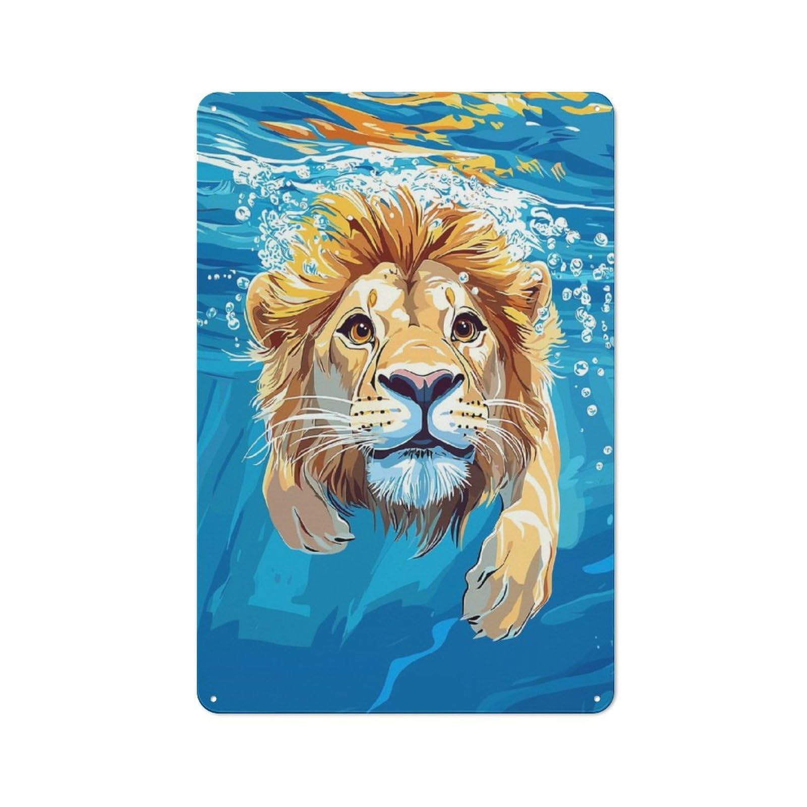 Country Country Metal Sign 30x20cm Featuring Lion Swimming Underwater Illustration, Rustic Kitchen Decor for Cottage, Kitchen, Hallway Or Breakfast Nook