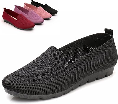 Women Breathable Flats Shoes Slip On Soft Mesh Ladies Loafers, Knit Round Toe Casual Orthopedic Sandals Black,40