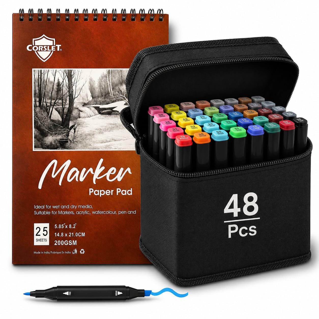 Corslet Dual Tip Colorful Art Markers Sketch Pens 48 Colours Alcohol Markers for Drawing with Carrying Case and Marker Pad 200gsm for Painting Sketching Calligraphy Drawing Marker Pens