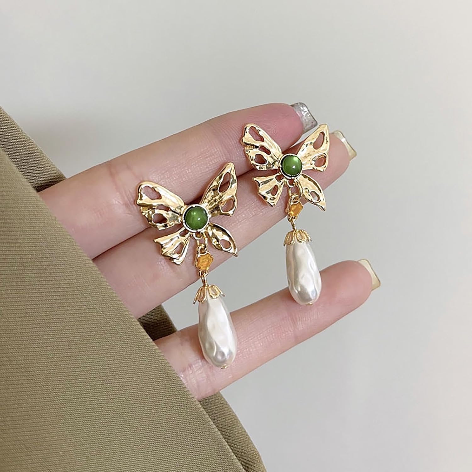 Boho Emerald Butterfly Earrings Pearl Drop Earrings Baroque Pearl Dangle Earrings Gold Butterfly Stud Earrings Hollow Butterfly Earrings Jewelry for Women and Girls Gifts - Image 3