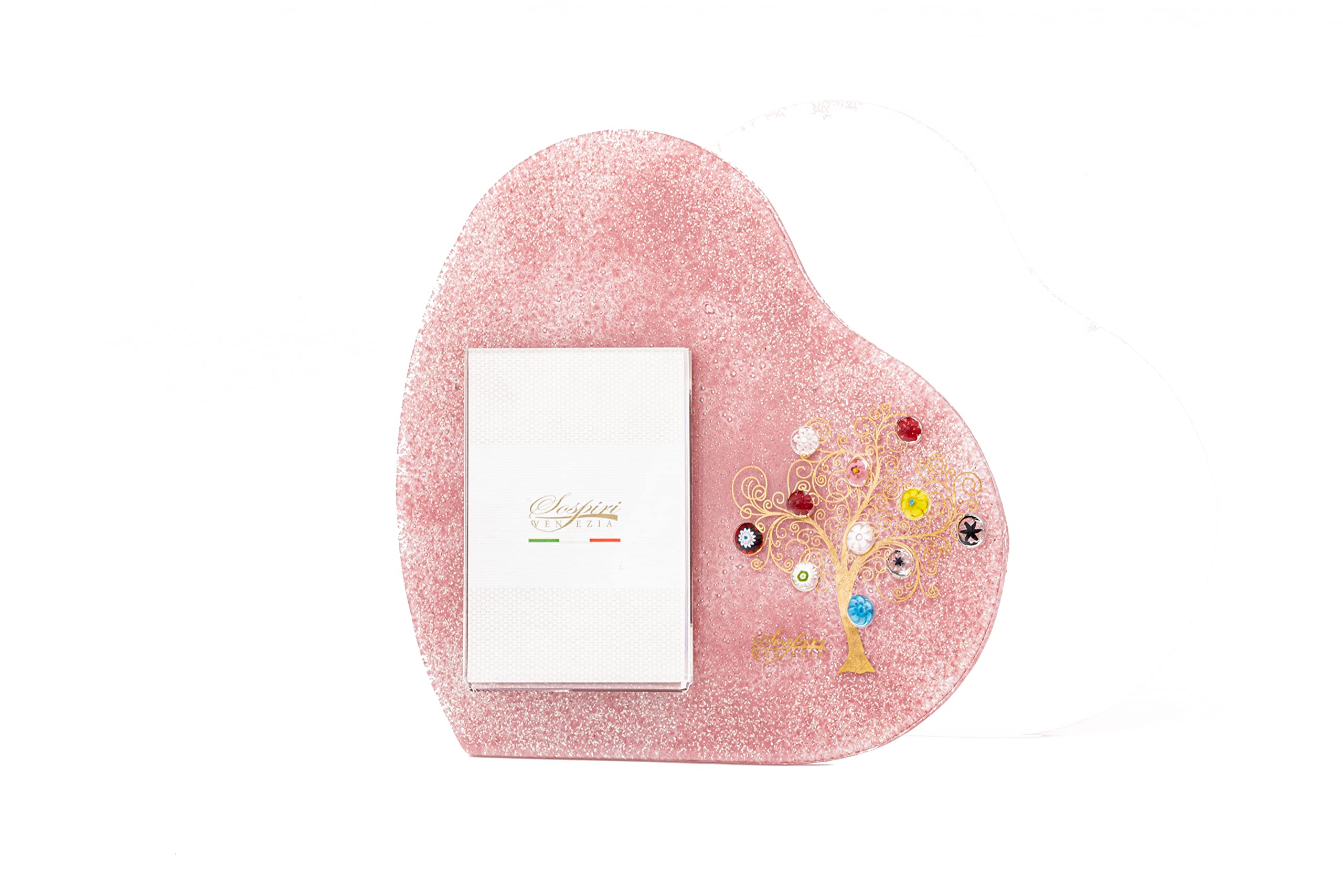 Sospiri Venezia Ramka na zdjęcia ze szkła Murano, ramka w kształcie serca, dekoracja drzewo życia z murrynną, stojak na stół lub biurko zdjęcie 7 x 10 cm, pomysł na prezent, Made Italy (cm19 x 19)