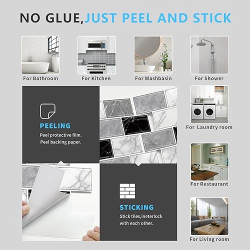 Miniatura 6 de URCOLOR 10 hojas de salpicaduras para cocina, despegar y pegar, 12 x 12 pulgadas, autoadhesivo para salpicaduras de baño, aspecto de mármol negro,