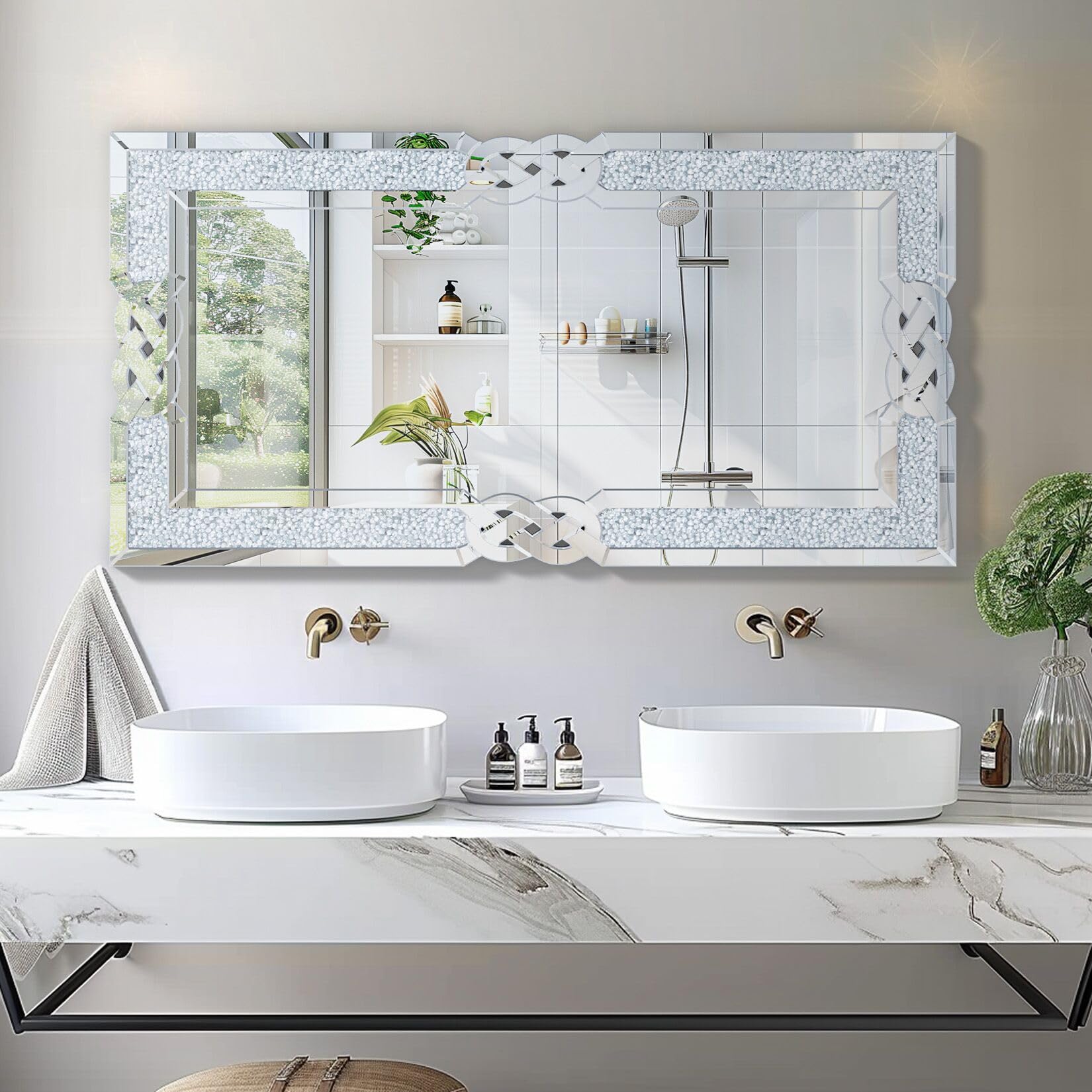 Wandspiegel Kristall Spiegel 120×60cm: Luxus Groß Wohnzimmerspiegel mit Rechteckiger Rahmen, Modern HD Dekospiegel Silber für Wohnzimmer Schlafzimmer