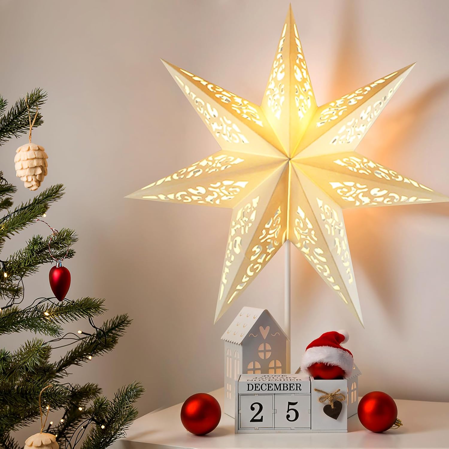 Homoyoyo 18 Inch White Paper Star Lantern Lampshade Decoration Hollow Out 7-Point Star Hanging Light for Christmas Wedding Party Home Decor