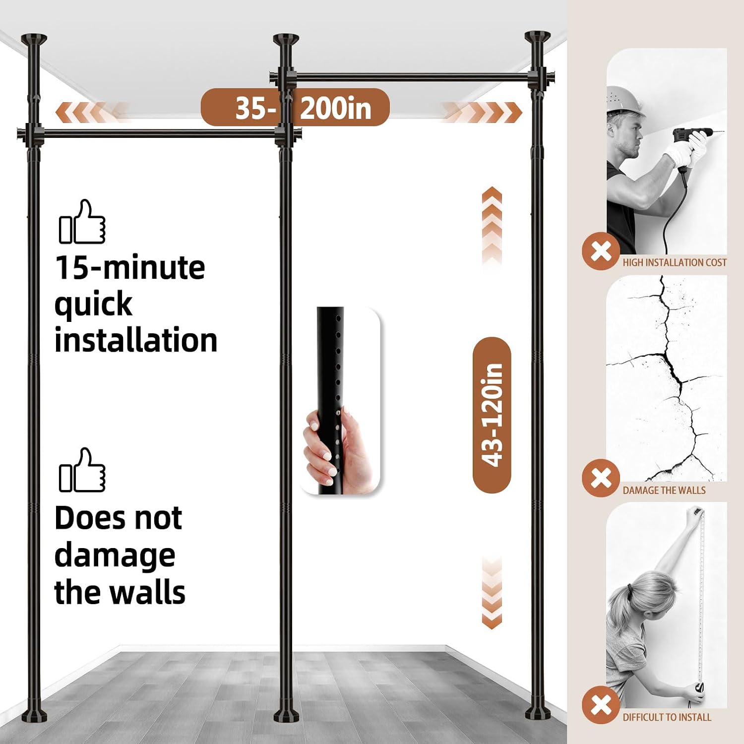 AJAZZ Room Divider No Drilling Curtain Rod Wall Divider for Room Separation, (H) 43-120×(W) 72-200 inch Adjustable, Heavy Duty Partition Space Separator Freestanding Tension Curtain Stand, Black