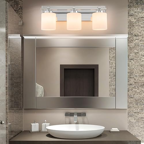 Miniatura 2 de Lámparas de baño modernas de 3 luces sobre espejo, luces cromadas para pared de baño con pantallas de vidrio blanco lechoso, enchufe E26 (bombillas