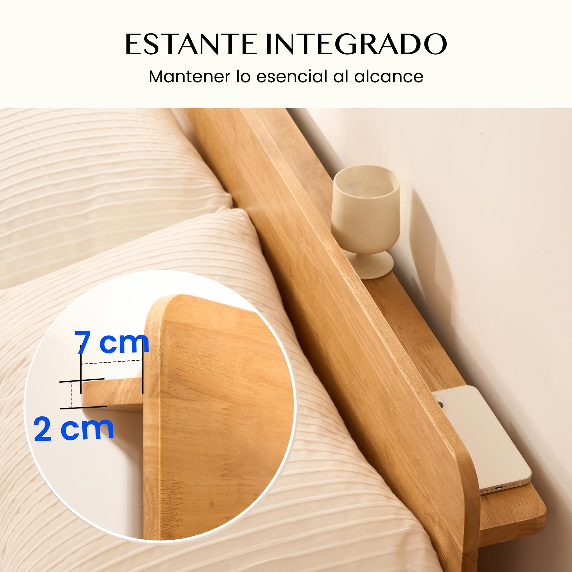 FLEXISPOT Cama de Madera Maciza 160x200 cm, Cama Doble de Madera de Caucho Natural, Sin Formaldehído, Montaje Sin Herramientas, Cabecero con Estante, Diseño Japandi, Cama Matrimonio Hako G1