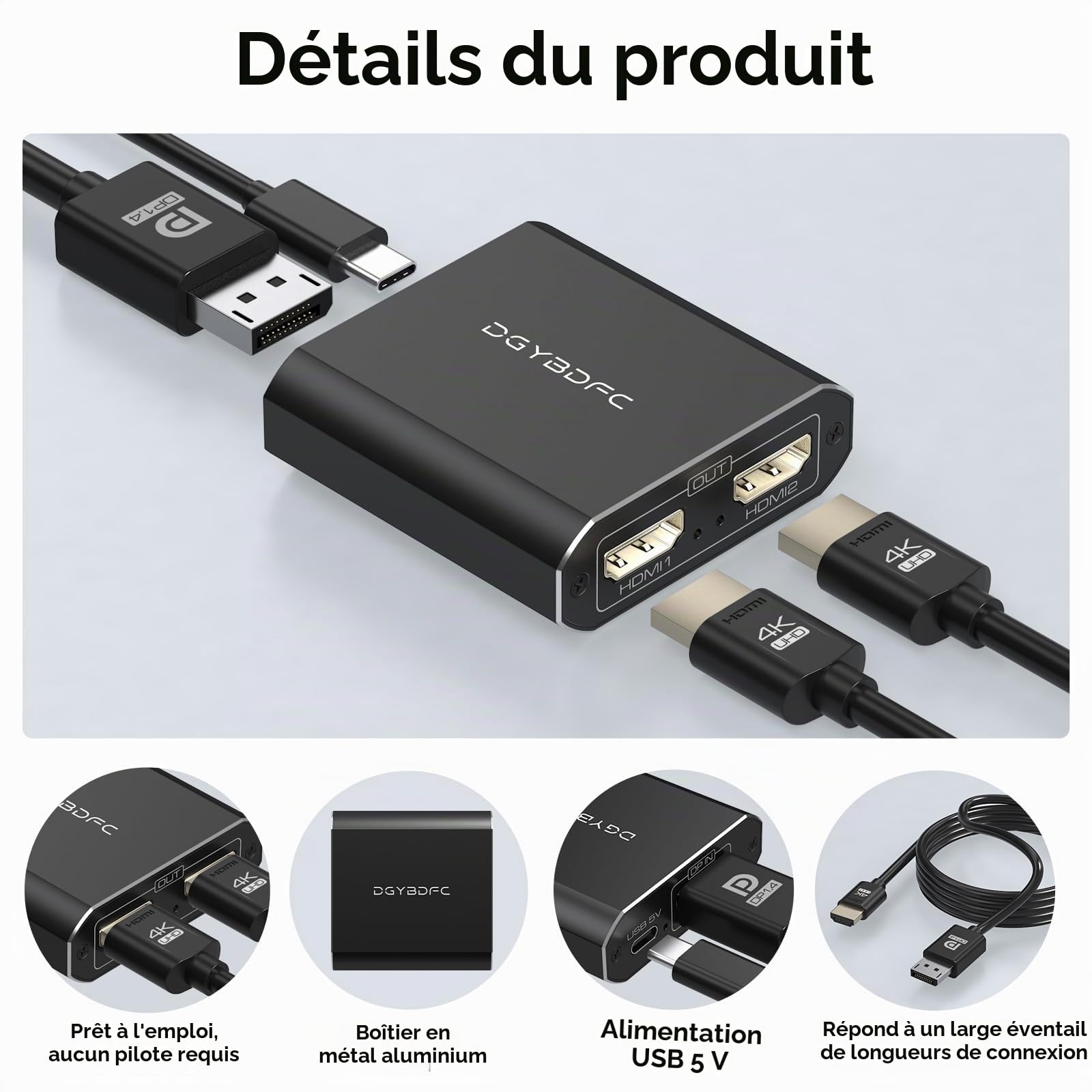 Displayport vers Dual HDMI Adaptateur 1 in 2 Out Double 4K60Hz Extend/Copy DP 1.2 vers 2 HDMI Splitter pour Deux écrans Supportant Le Mode SST/MST(MacOS Supporte Uniquement Le Mode SST)