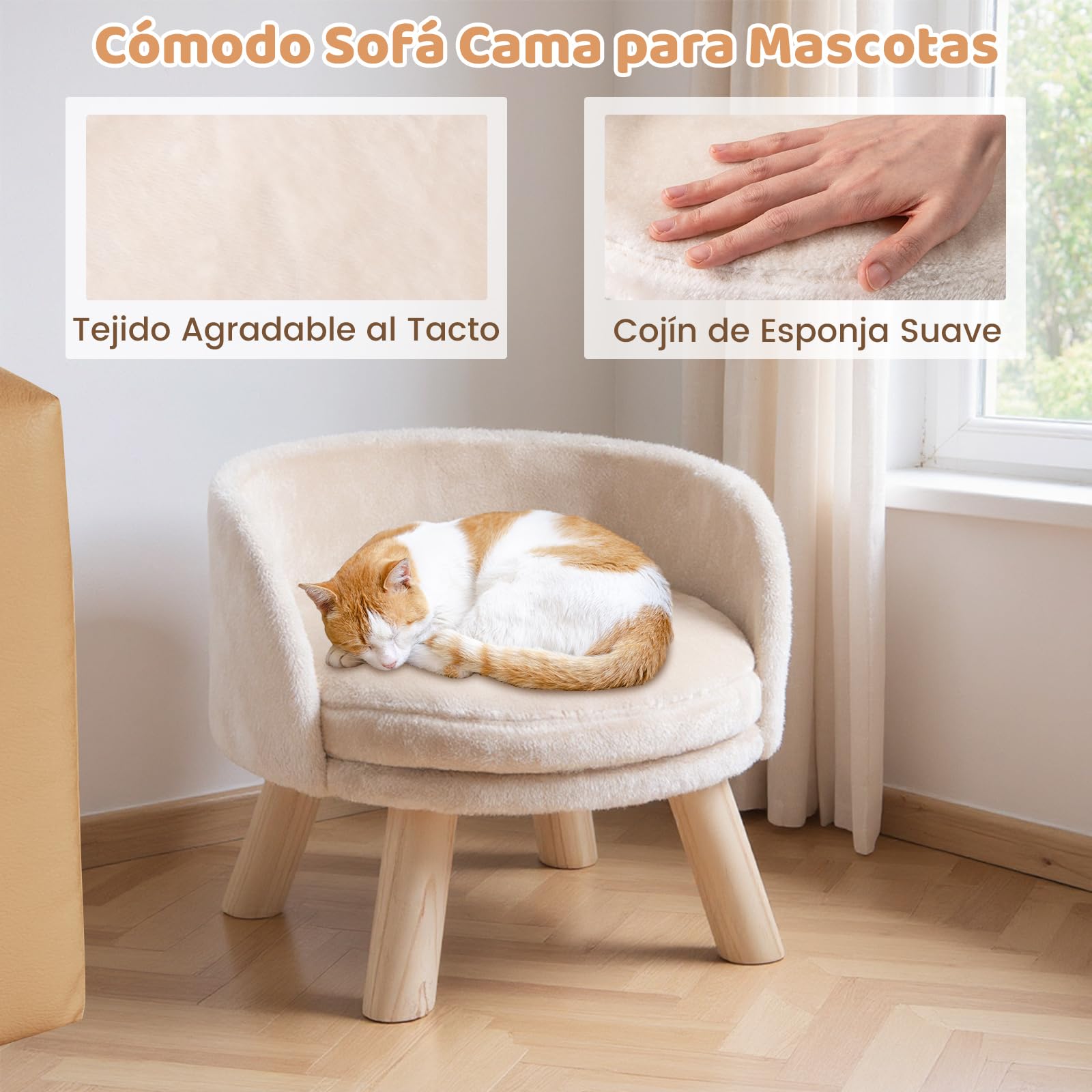 COSTWAY Sofá Cama Alta para Perros Pequeños, Cama para Gatos con Cojín Redondo Acolchado, Sofá para Mascotas con Patas de Madera, Mueble Elevado para Mascotas con Cojín, 42 x 42 x 33 cm