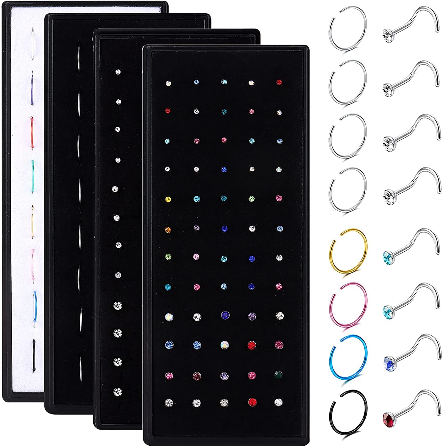 LOLIAS 200 Aros Hipoalergénicos Piercing de Nariz para Mujeres Hombres Acero Inoxidable 316L Nariz Piercing Circonita Cúbica Forma de L Piercing Joyas 20G 1,5 mm, 2 mm, 2,5 mm