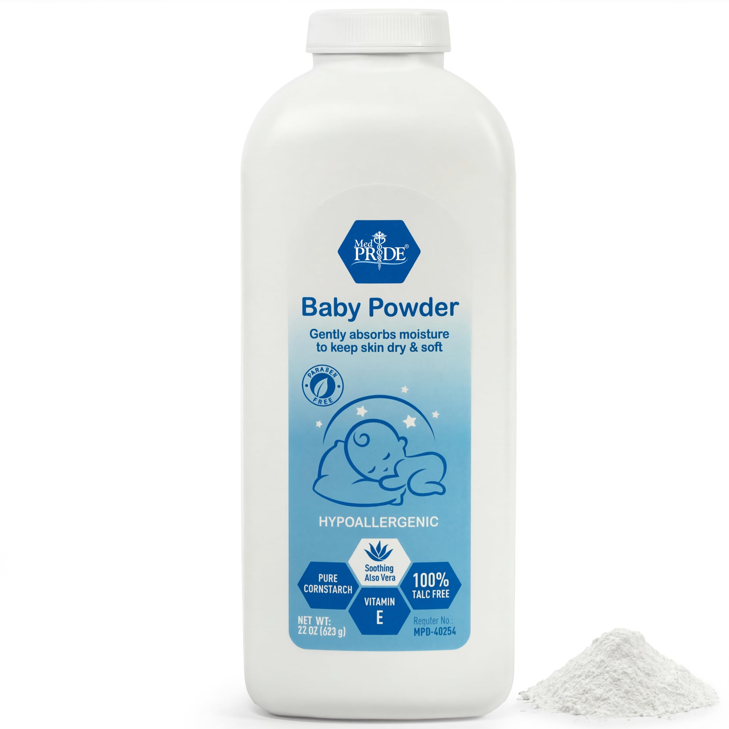 MED PRIDE Baby Powder Talc Free Cornstarch Formula with Aloe Vera and Vitamin E, Hypoallergenic Skin Care for Diaper Changes and Daily Use, 22 Ounce Bottle