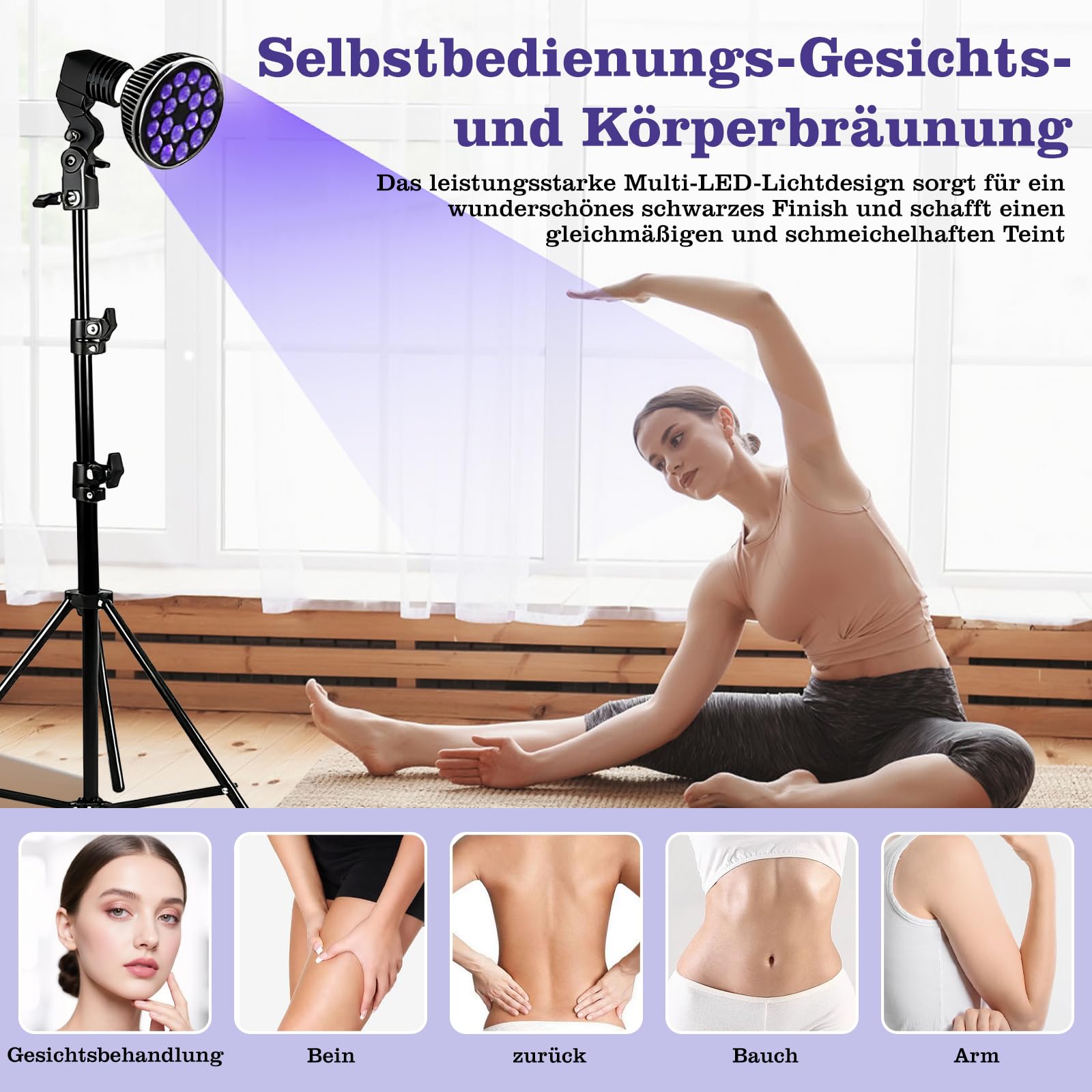 Lampe de bronzage portable pour bronzage du visage à la maison lumière du jour pour le visage et le corps pour la maison avec support réglable et crochets de suspension (Violet)