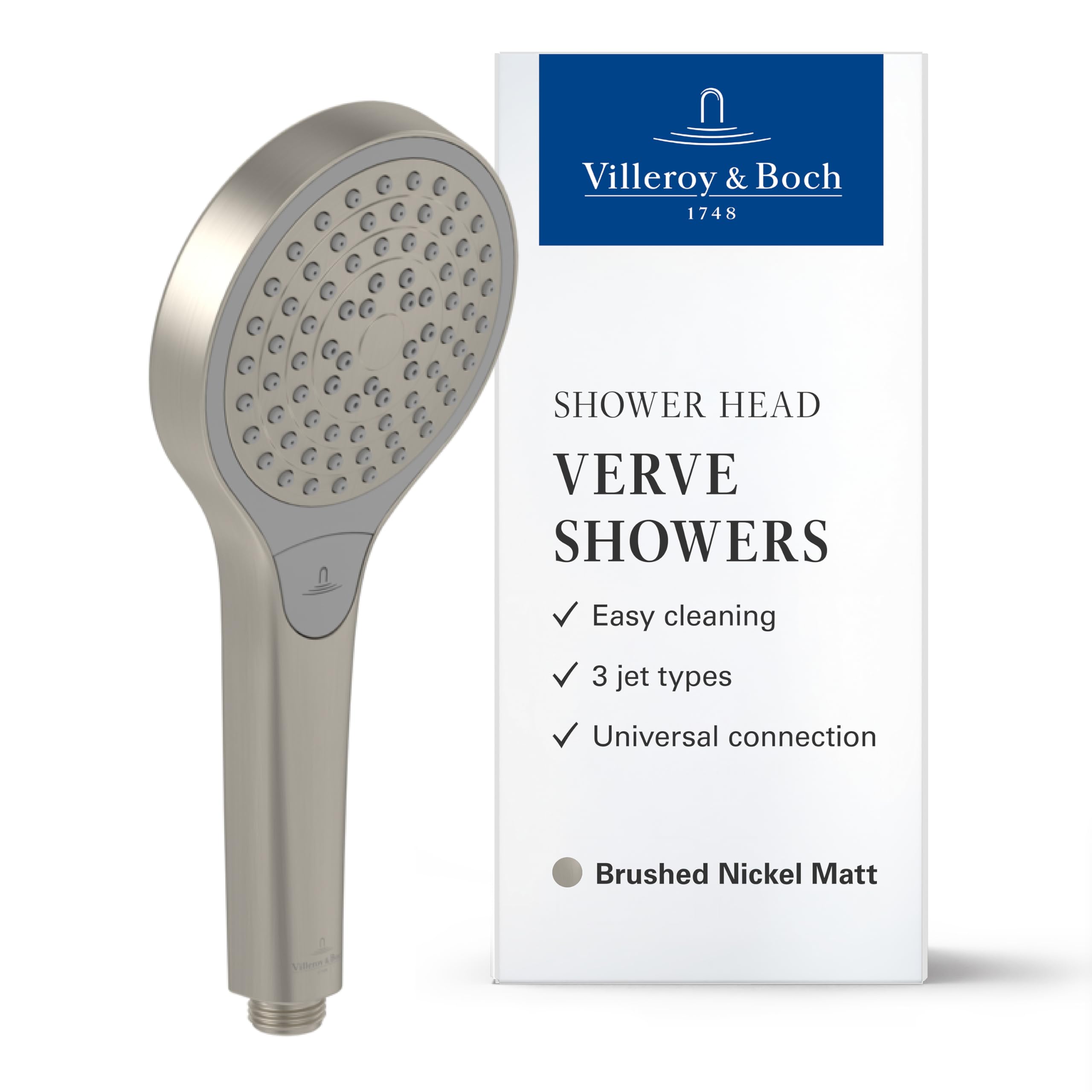 Villeroy & Boch Verve Showers Hand Shower Head with 3 Jet Types, Shower Head with Integrated Check Valve, Clean-Friendly, Brushed Nickel Round Shower Head