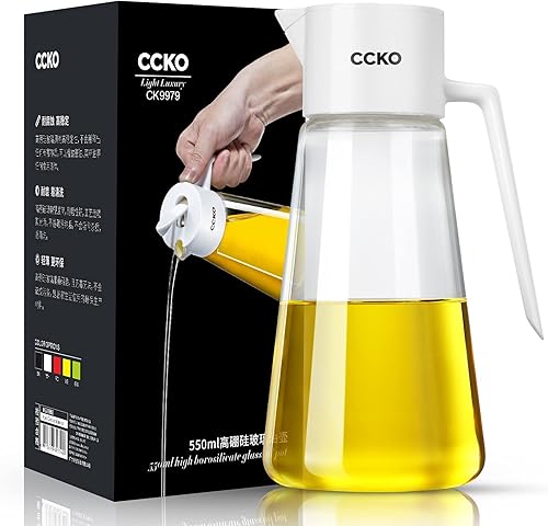 Miniatura 8 de CCKO Botella dispensadora de aceite de oliva de vidrio con boquilla abatible automática de 19 onzas para cocina, dispensador de aceite de cocina sin