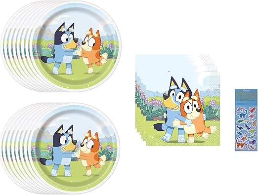 Unique Bluey Birthday Party Supplies Bundle Pack includes 16 Dessert Cake Paper Plates, 16 Beverage Dessert Cake Napkins, 1 Dinosaur Stickere Sheet - Bundle for 16