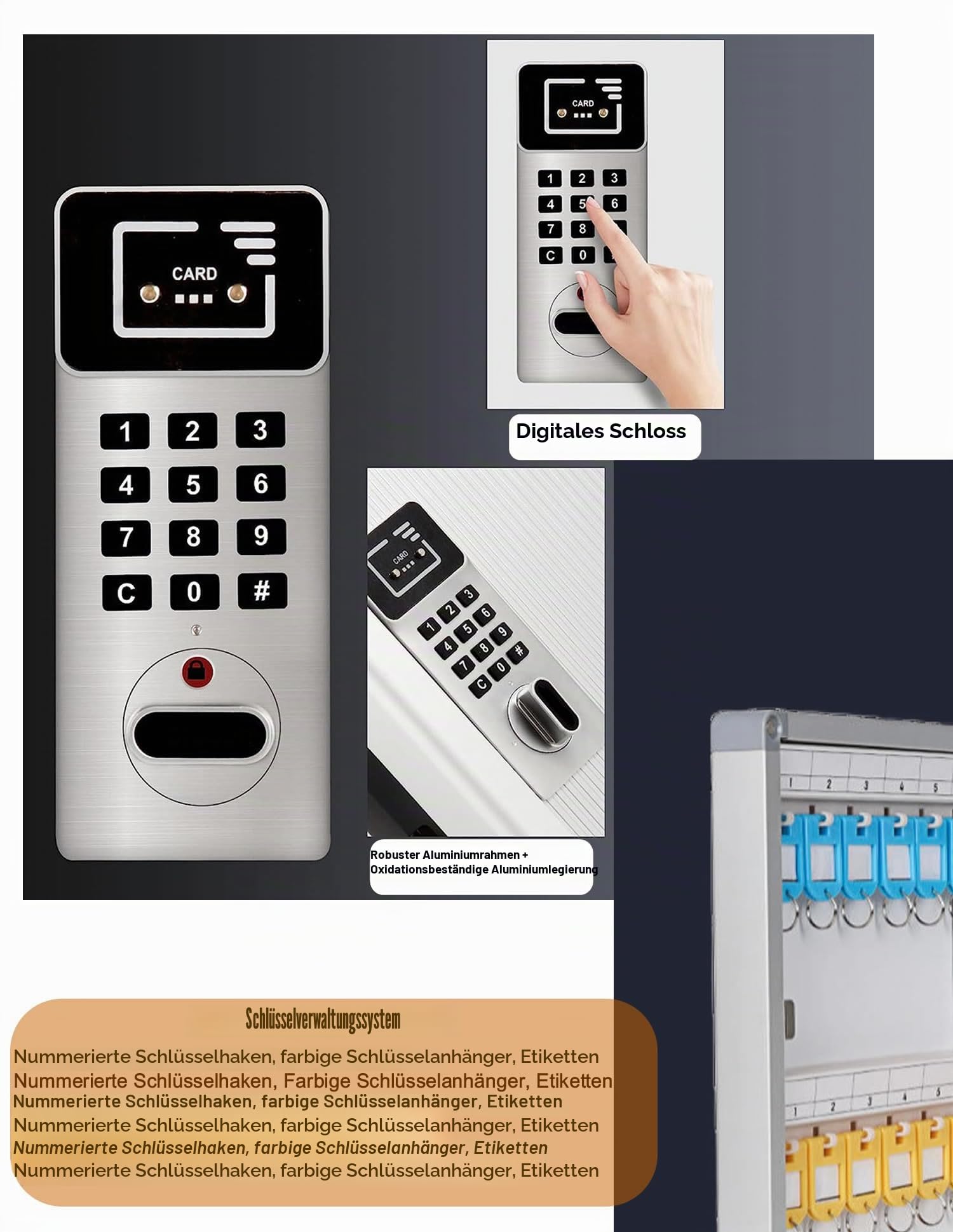 TUKA-i-AKUT Schlüsselkasten 72 Haken mit Elektronikschloss, Abschließbar Metall Schlüsselschrank Wandmontage, Aluminium Schlüsseltresor, farbige Schlüsselanhänger und Zahlenschloss, TKD8651-72