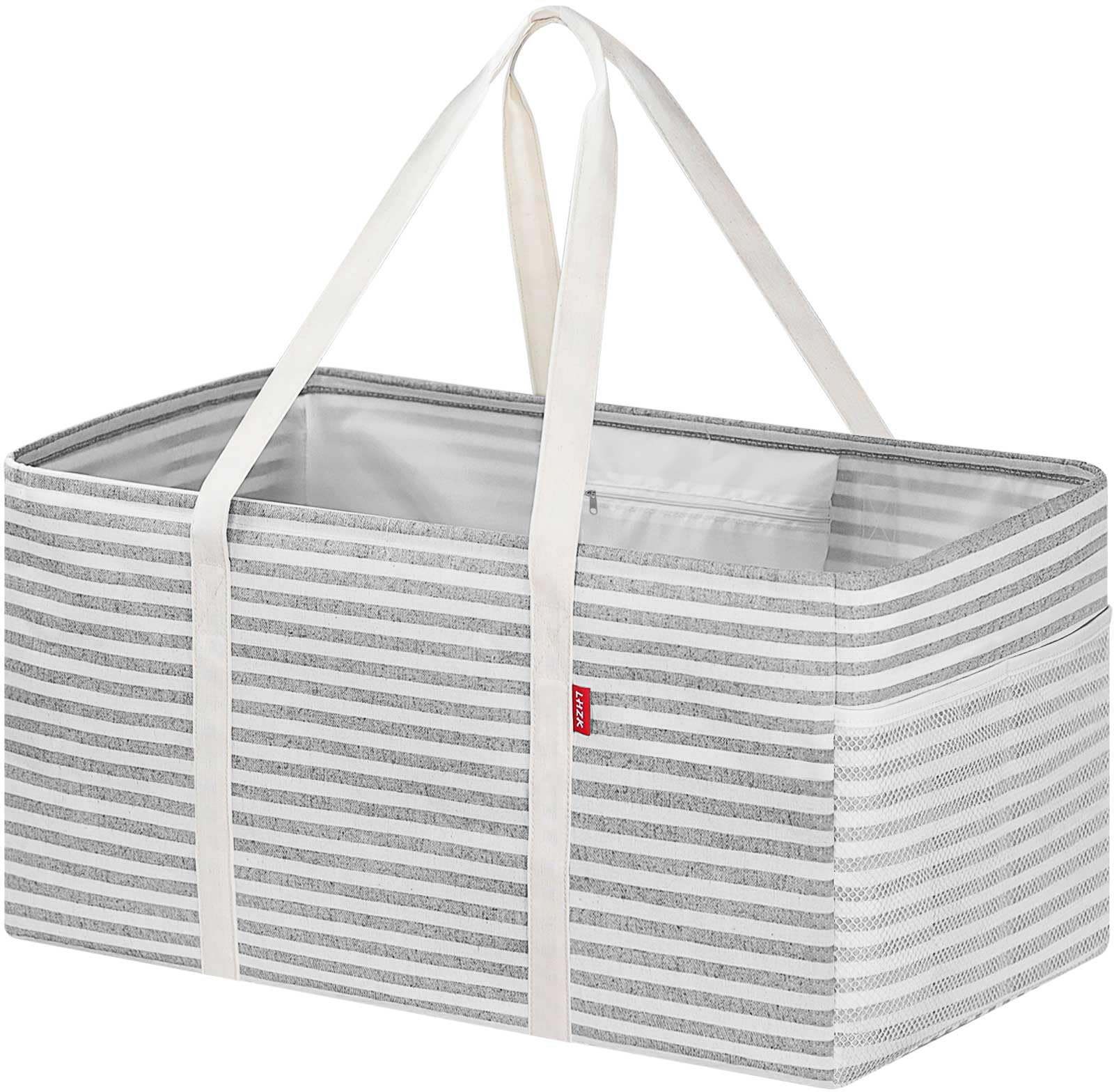 LHZK Standing Extra Large Utility Tote Bag with Metal Wire Frame and the Sides Rinforced, Extra Large Tote Bag with Handle, Reusable Grocery Bags Foldable, Beach Bag, Car Tote (Grey, 26''x15''x13'')
