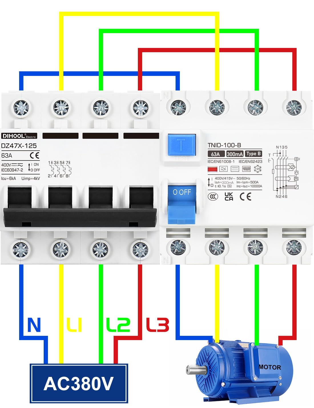 DIHOOL RCD Type B Disjoncteur de courant résiduel DIN Rail 4 pôles 63A 300mA