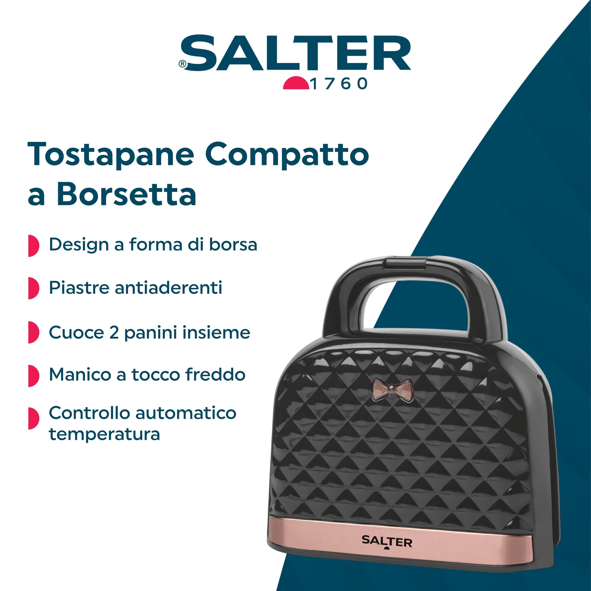 Salter Tostiera elettrica a 2 panini – Tostapane a forma di borsa con piastre antiaderenti profonde, controllo automatico della temperatura, manico a tocco freddo, 750 W