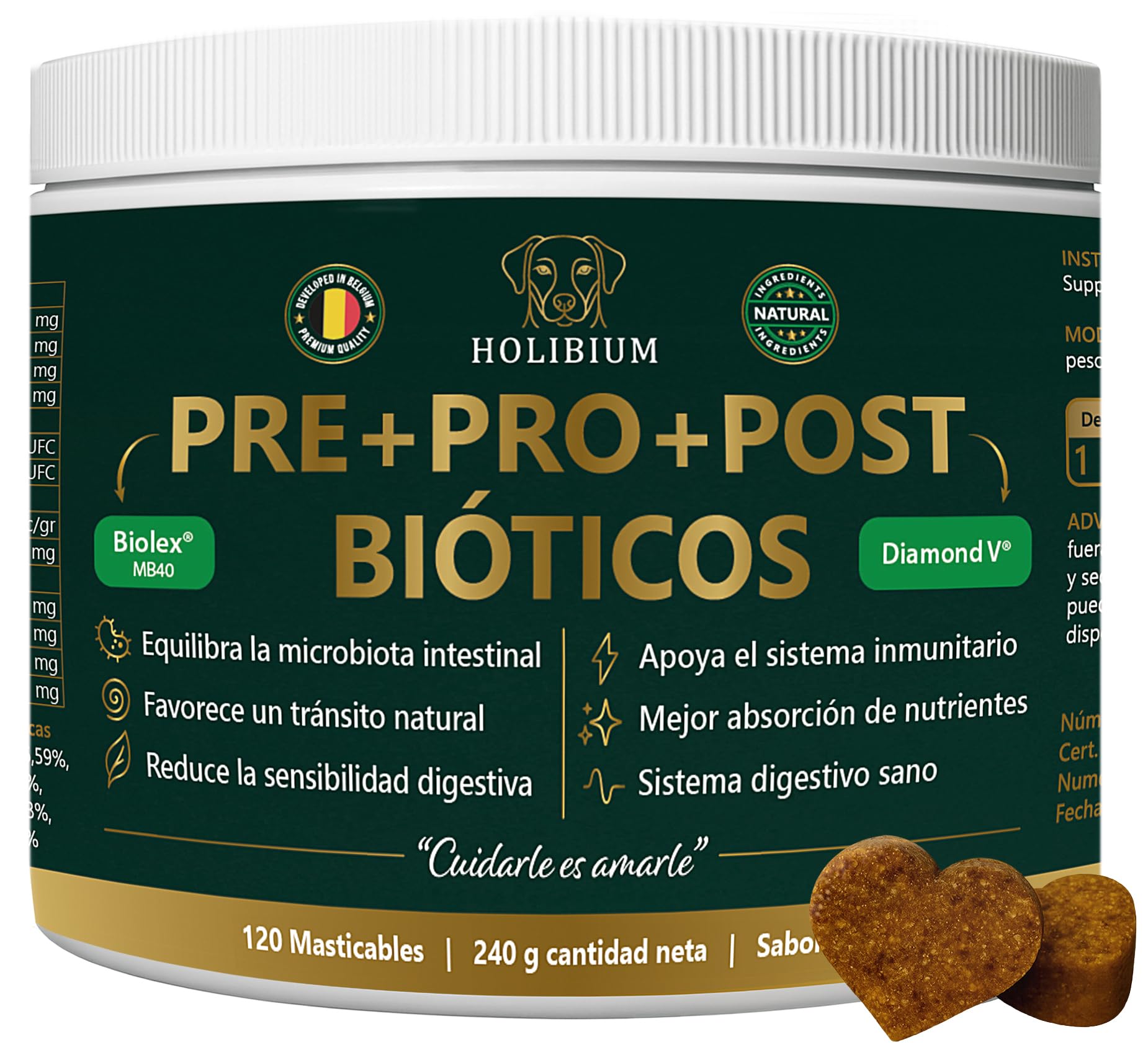 HOLIBIUM Probioticos Perros, 120 uds, Prebióticos, Postbióticos y Probióticos Naturales, Mejora Digestión, Diarrea y Heces Blandas, Suplemento Digestivo Canino para la Flora Intestinal, Sabor Pollo - 2