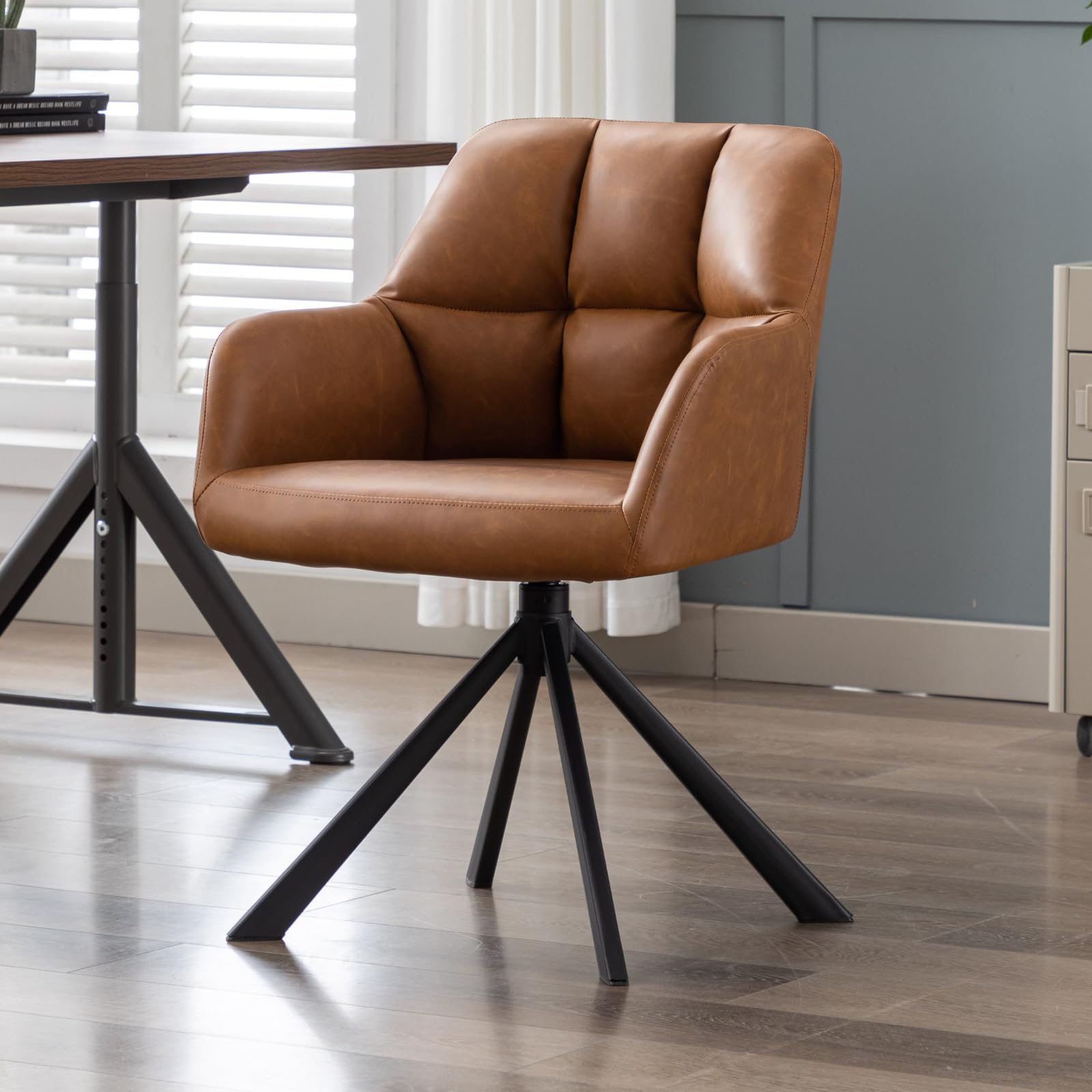 chairus Schreibtischstuhl PU Leder Bürostuhl 360° Drehbar Schreibtischstuhl Sessel für Arbeitszimmer Drehstuhl ohne Rollen (Braun(Metallbeine)) | PU-Leder, feste Höhe, 360° drehbar, bequeme Rückenlehne, mit Armen, stabile Metallbeine, für Bürozimmer, Arbe