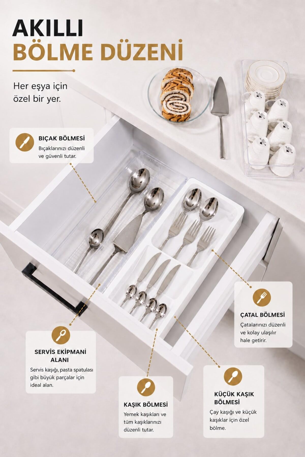 Sas Haus Çekmece İçi Kaşıklık Organizer Bölmeli Mutfak Düzenleyici Beyaz S-11030