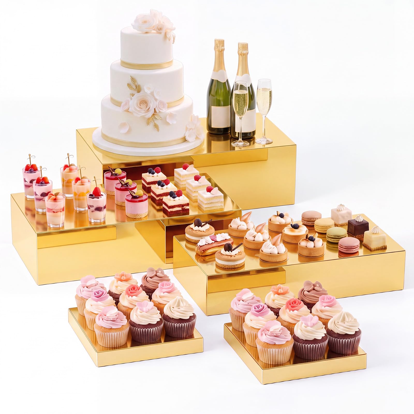 Leinuosen 5 Pcs Large Buffet Risers Set Rectangle Acrylic Display Box Catering Dessert Table Riser Food Display Decorative Stand with Hollow Bottom for Catering(Golden)