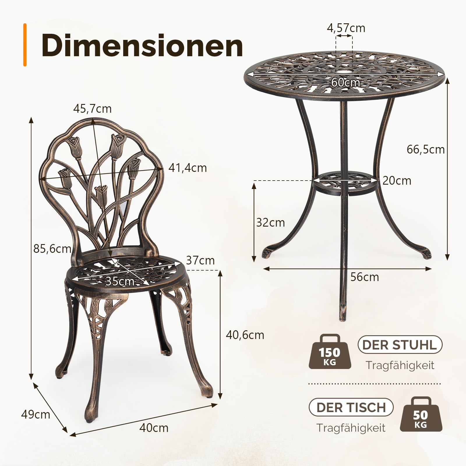 Bonnlo Bistro Set, Bistrotisch mit 2 Stühlen & 2 Kissen, Gartenmöbel Set aus Gussaluminium, Wetterfest & Abnehmbar, für Garten, Balkon, Terrasse & Indoor, Bronze mit Kontrast-Kissen in Weiß